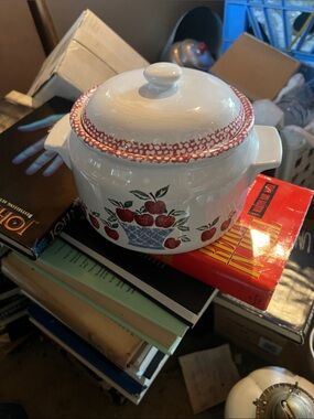 Vintage White Ceramic Covered Casserole with Red Apple Motif